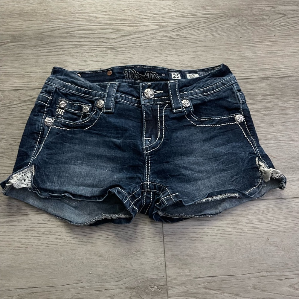 Miss Me Dark Blue Jean Shorts with Distressed Details